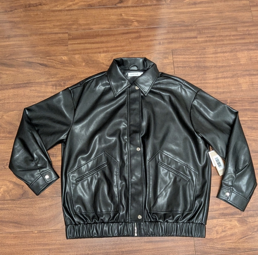 JustFab Black Faux Leather Bomber Jacket